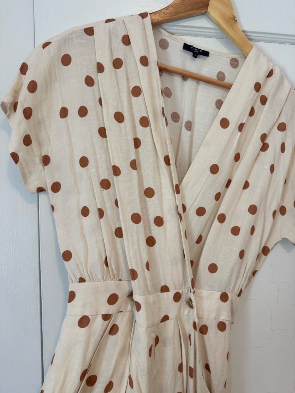 French Cream Polka Dot Midi Linen Blend Dress
